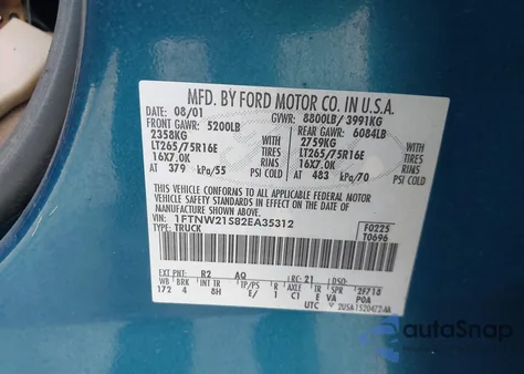 2002 Ford F-250 Lariat/Xl/Xlt from USA, damaged, VIN 1FTNW21S82EA35312